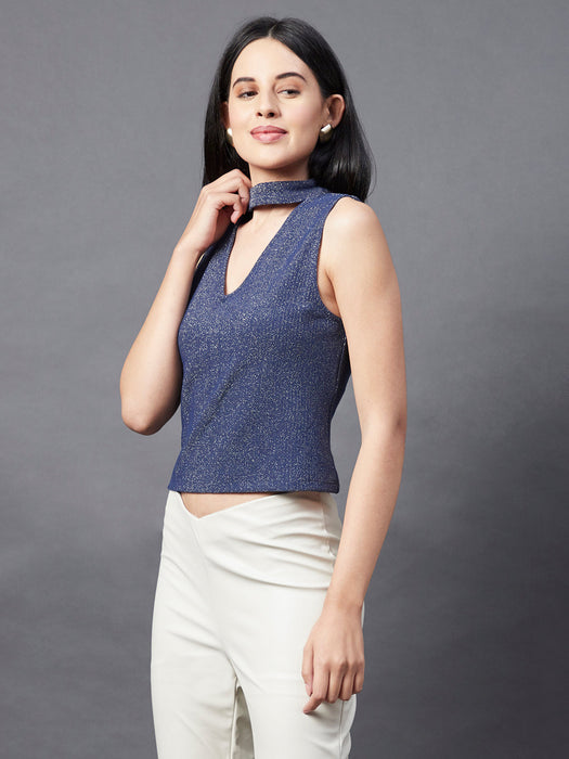 Navy Halter Neck Shimmering Sleeveless Top