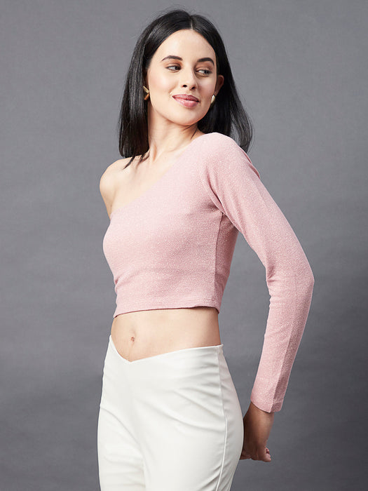 Peach One Shoulder Shimmering Crop Top