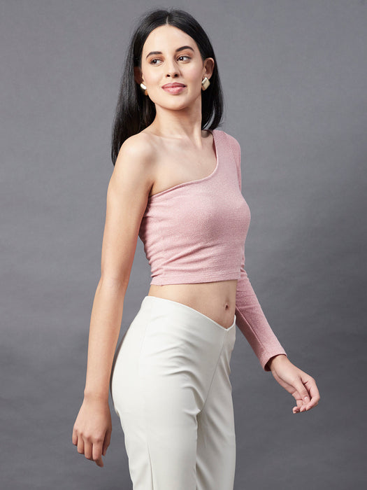 Peach One Shoulder Shimmering Crop Top