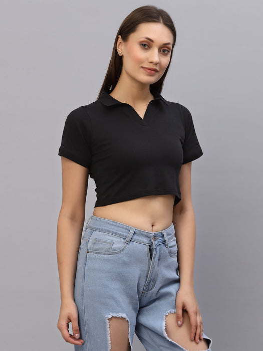 Self Texture Collared Crop Top