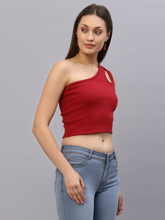 Red One Shoulder Ribbed Crop Top