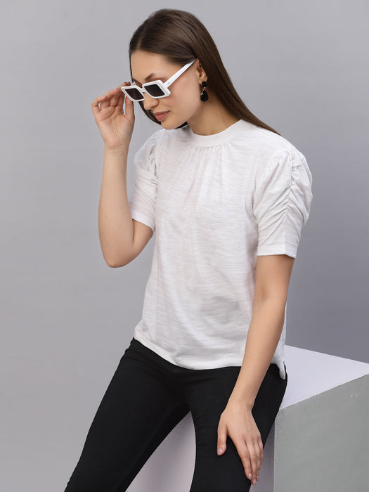 White Self Texture Puff Sleeve Top