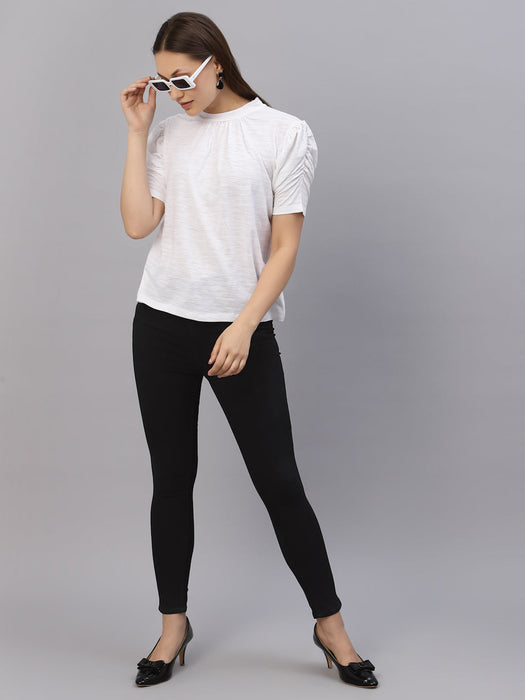 White Self Texture Puff Sleeve Top