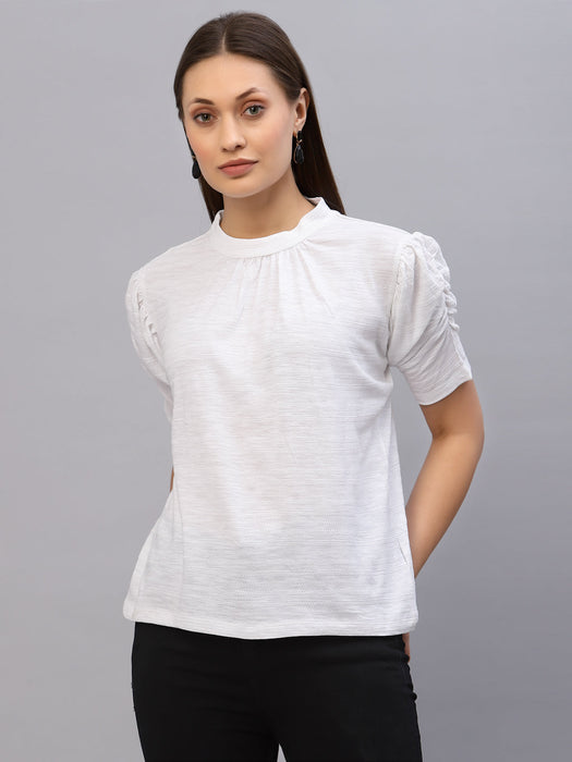 White Self Texture Puff Sleeve Top