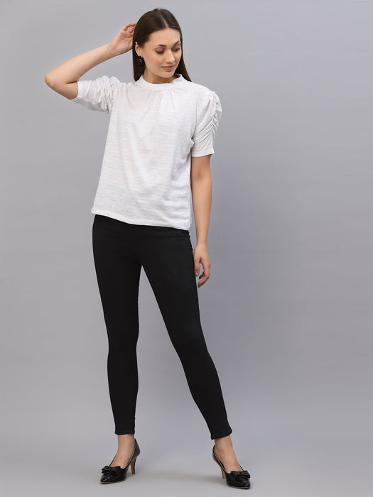 White Self Texture Puff Sleeve Top