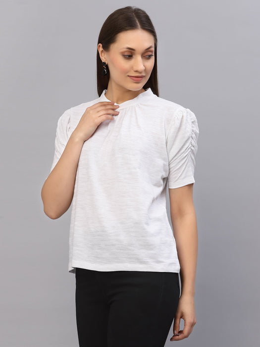 White Self Texture Puff Sleeve Top