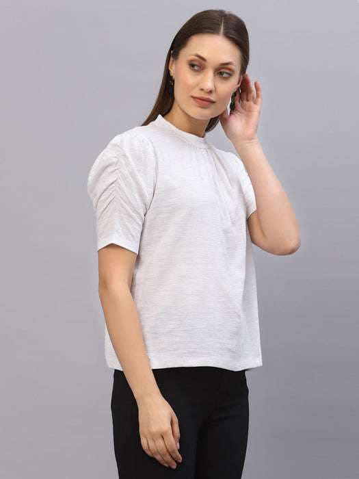 White Self Texture Puff Sleeve Top