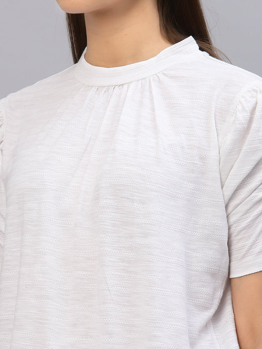 White Self Texture Puff Sleeve Top