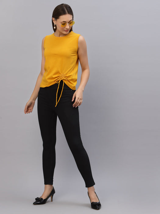 Yellow Sleeveless Drawstring Round Neck Sleeveless Top