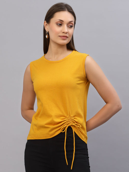 Yellow Sleeveless Drawstring Round Neck Sleeveless Top