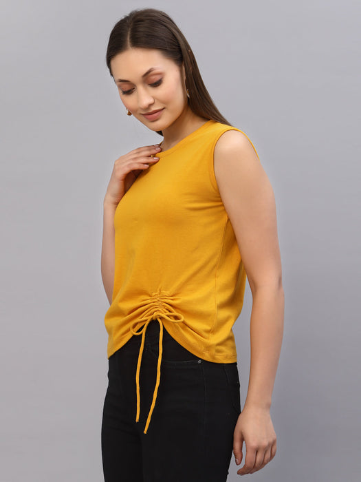 Yellow Sleeveless Drawstring Round Neck Sleeveless Top