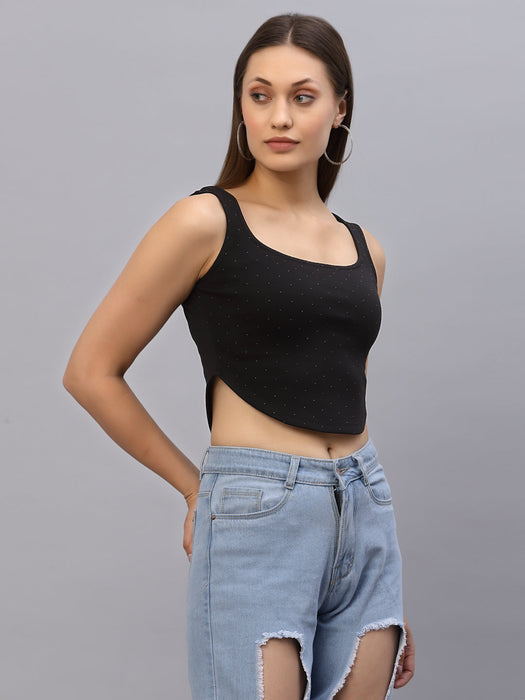 Black Self Texture Sleeveless Crop Top