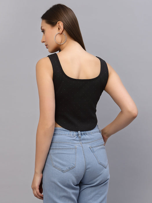 Black Self Texture Sleeveless Crop Top