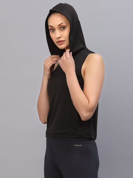 Black Hooded With Kangaroo Pocket Sleeveless Activewear Top