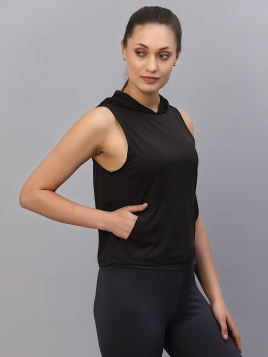 Black Hooded With Kangaroo Pocket Sleeveless Activewear Top