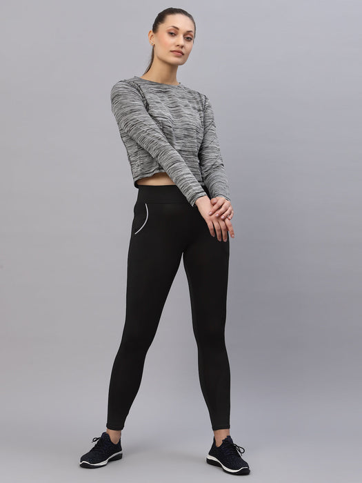 Grey Self Texture Round Neck Full Sleeve Activewear Crop Top