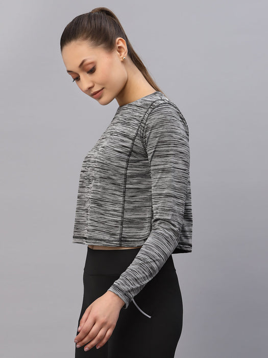 Grey Self Texture Round Neck Full Sleeve Activewear Crop Top