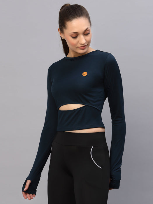 Blue Cut-Out Waist Round Neck Full Sleeve Activewear Crop Top