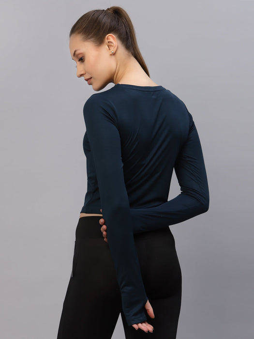 Blue Cut-Out Waist Round Neck Full Sleeve Activewear Crop Top