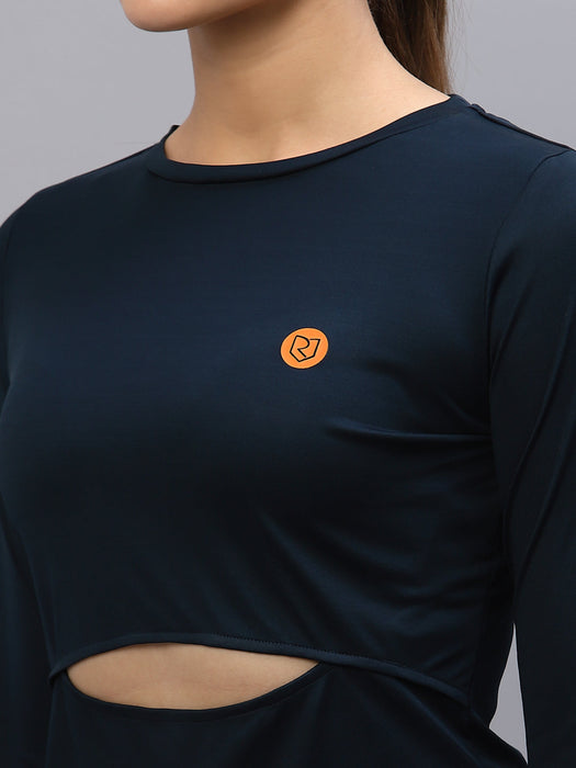 Blue Cut-Out Waist Round Neck Full Sleeve Activewear Crop Top