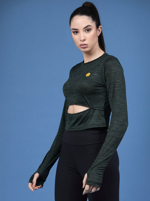 Solid Full Sleeves Round Neck Slim Fit Women Active Wear Crop Top