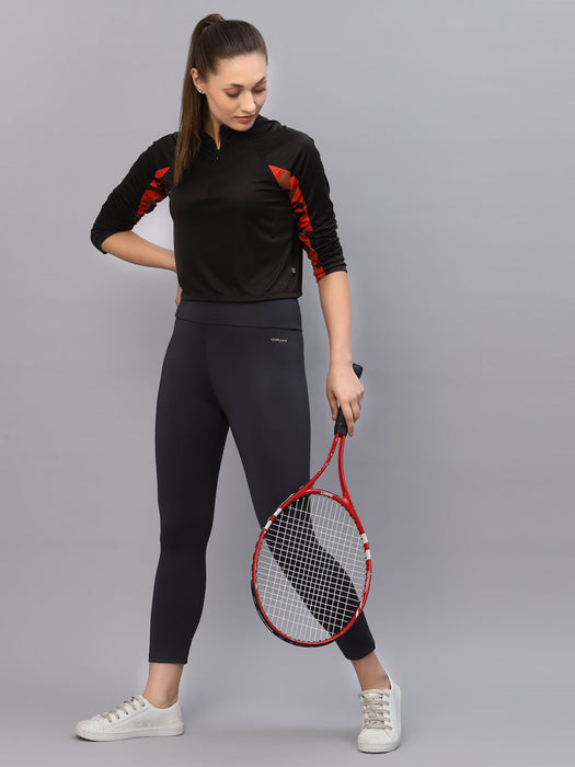 Black With Contrast Printed Detail Zip Neck Full Sleeve Activewear Top