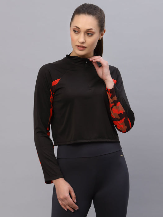 Black With Contrast Printed Detail Zip Neck Full Sleeve Activewear Top