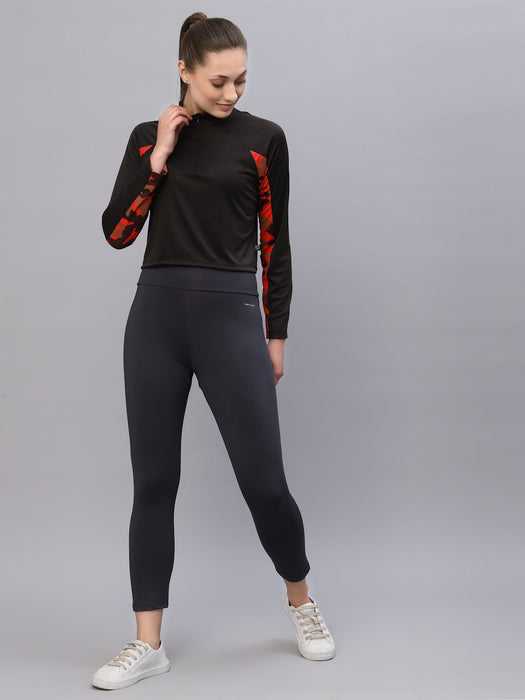 Black With Contrast Printed Detail Zip Neck Full Sleeve Activewear Top