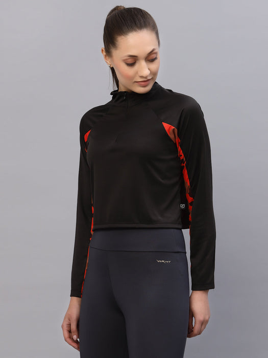 Black With Contrast Printed Detail Zip Neck Full Sleeve Activewear Top