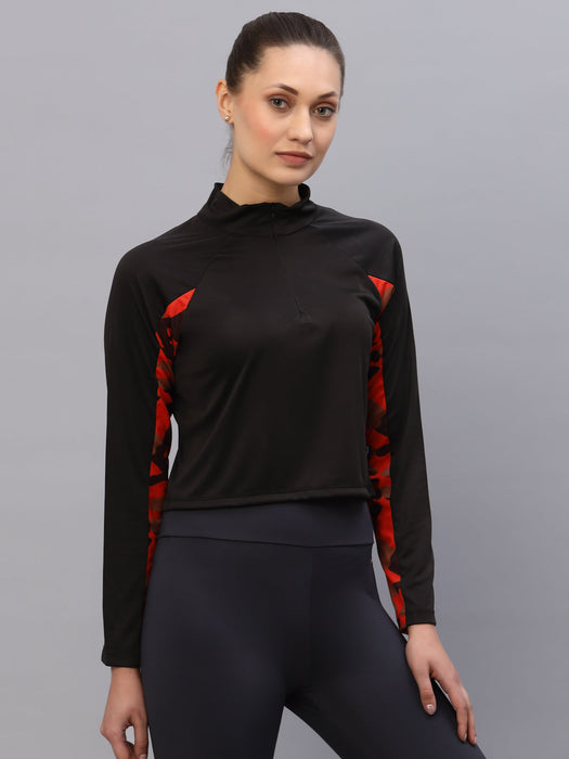 Black With Contrast Printed Detail Zip Neck Full Sleeve Activewear Top