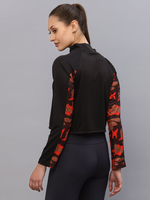 Black With Contrast Printed Detail Zip Neck Full Sleeve Activewear Top