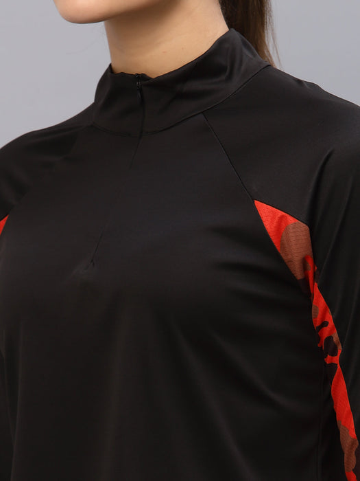 Black With Contrast Printed Detail Zip Neck Full Sleeve Activewear Top