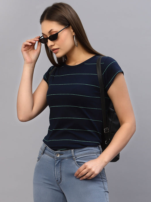 Navy Blue Stripes Round Neck Top