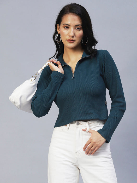 High Collar Half Zipper Waffle Knit Top