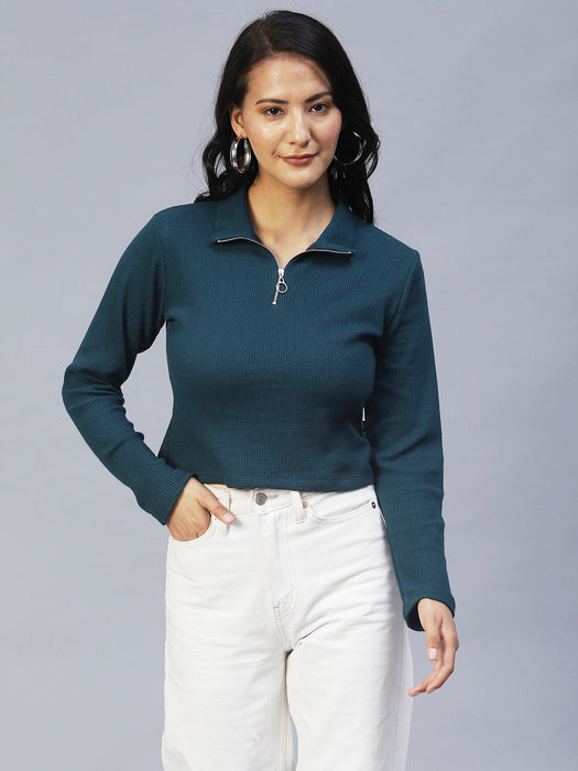 High Collar Half Zipper Waffle Knit Top