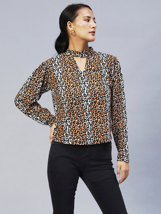 Animal Print Full Sleeve Chocker Neck Top