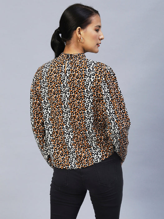 Animal Print Full Sleeve Chocker Neck Top