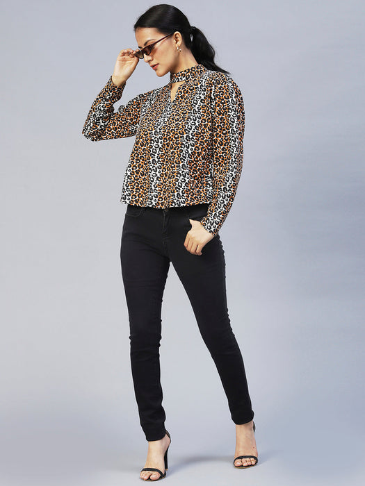 Animal Print Full Sleeve Chocker Neck Top