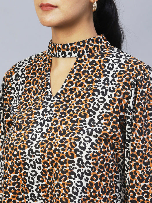 Animal Print Full Sleeve Chocker Neck Top