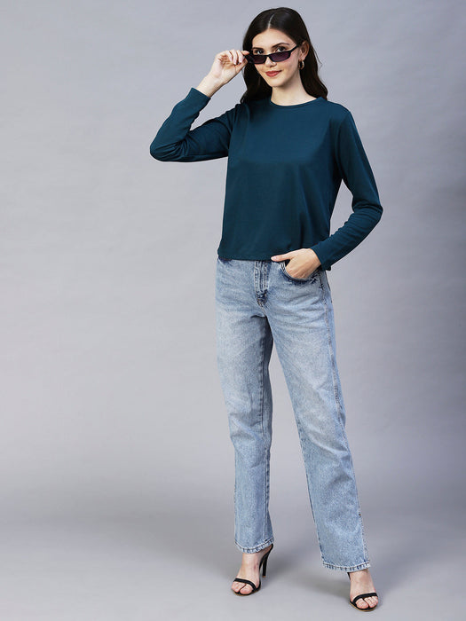 Round Neck Full Sleeves Poly Corduroy Top