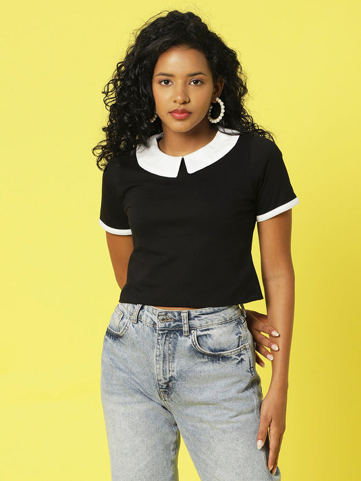 Black Peter Pan Collar Solid Half Sleeves Crop Top