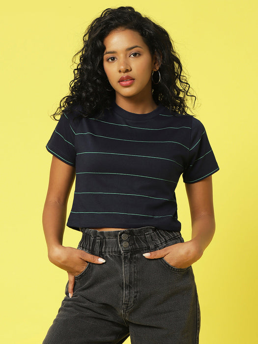 Navy Stripe All Over Printed Half Sleeves Crop Top