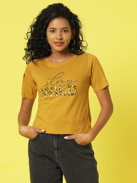 Dirty Yellow Typography Printed Half Sleeves Crop Top