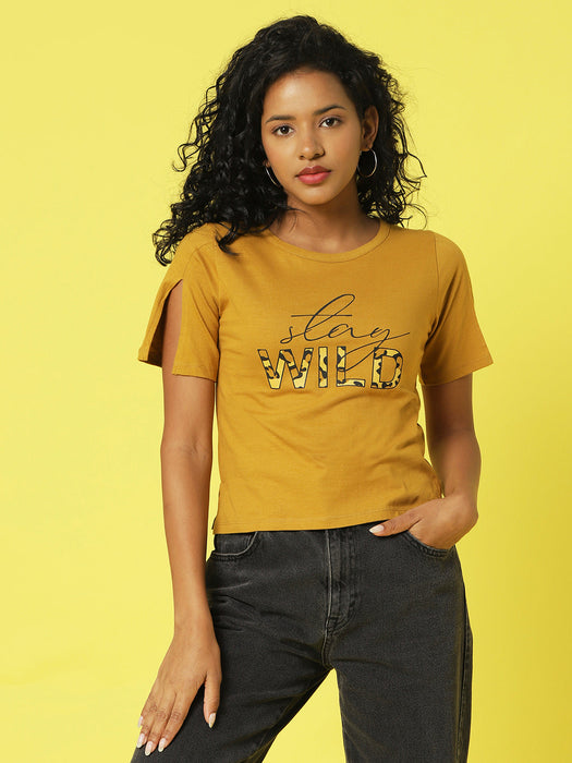 Dirty Yellow Typography Printed Half Sleeves Crop Top