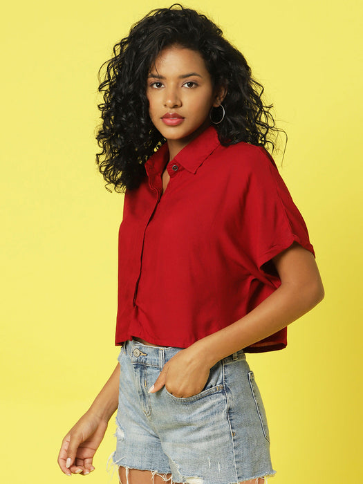 Maroon Half Sleeves Crop Shirt With Cuban Collar