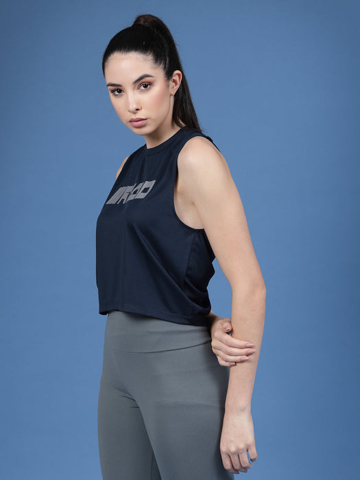 Typography Sleeveless Slim Fit Round Neck Women Active Wear Crop Top