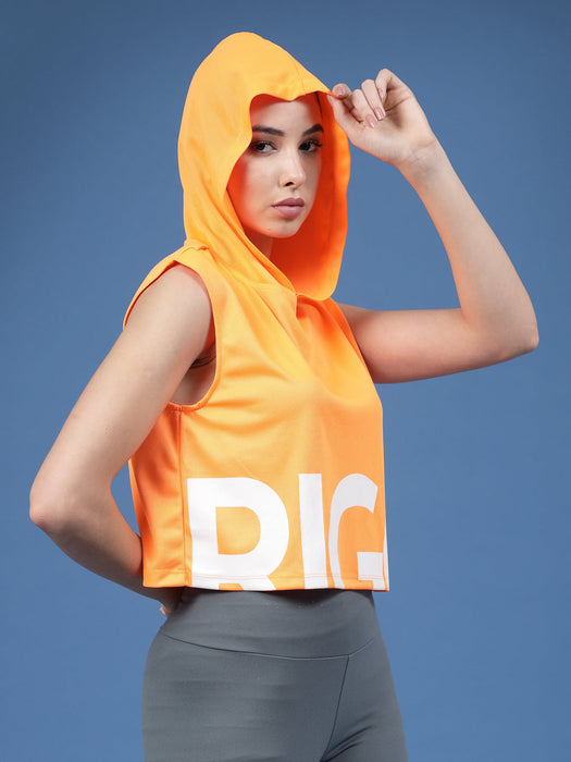 Typography Sleeveless Hooded Neck Women Active Wear Crop Top