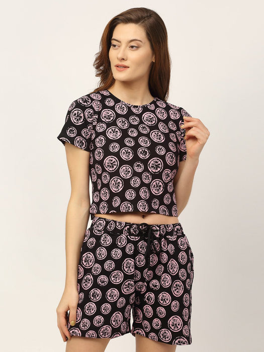 Black All Over Printed Crop Top And Shorts Set