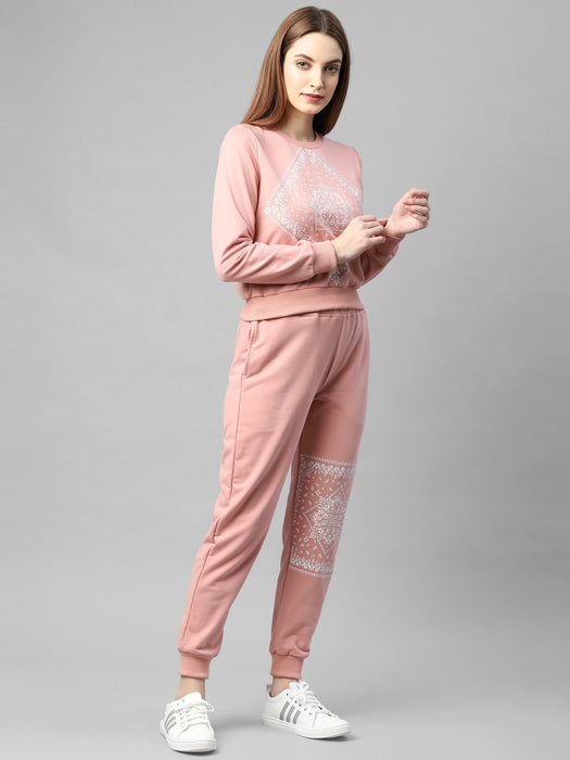 Peach Printed Round Neck Terry Track Suit