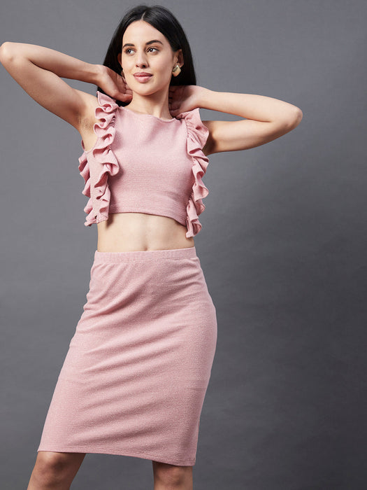 Peach Ruffle Shimmering Sleeveless Co-Ord Set